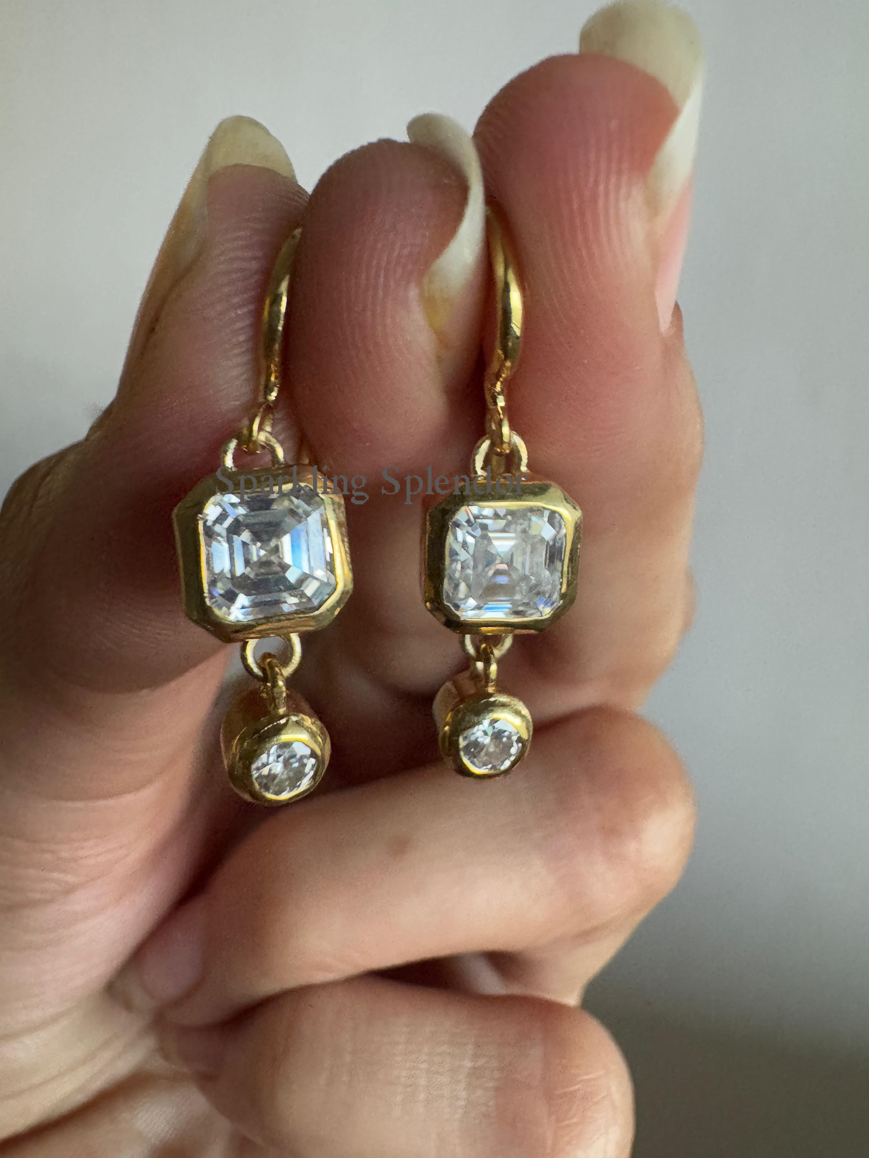 Bezel Set Asscher & Round Cut Moissanite Diamond Dangle Drop Earrings For Women's