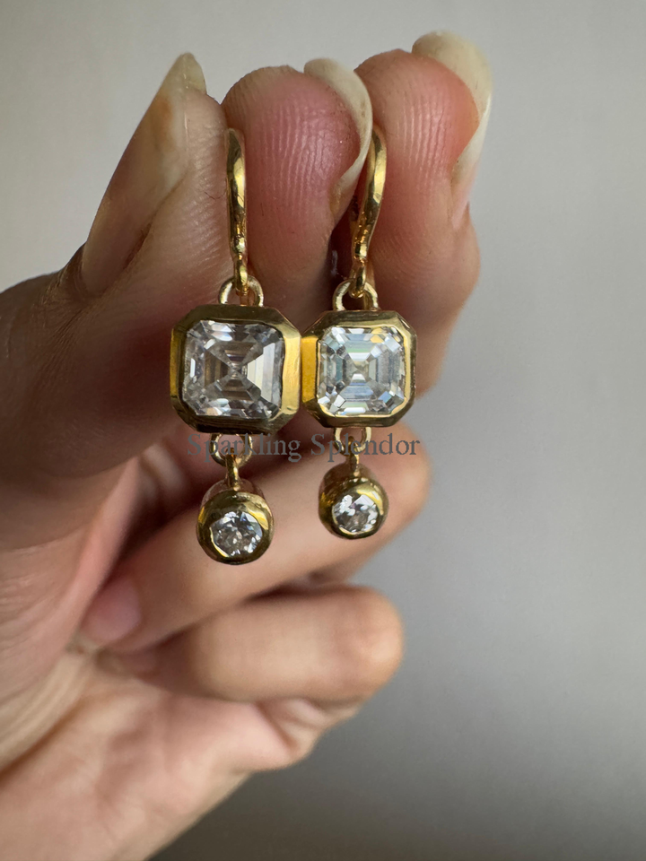 Bezel Set Asscher & Round Cut Moissanite Diamond Dangle Drop Earrings For Women's