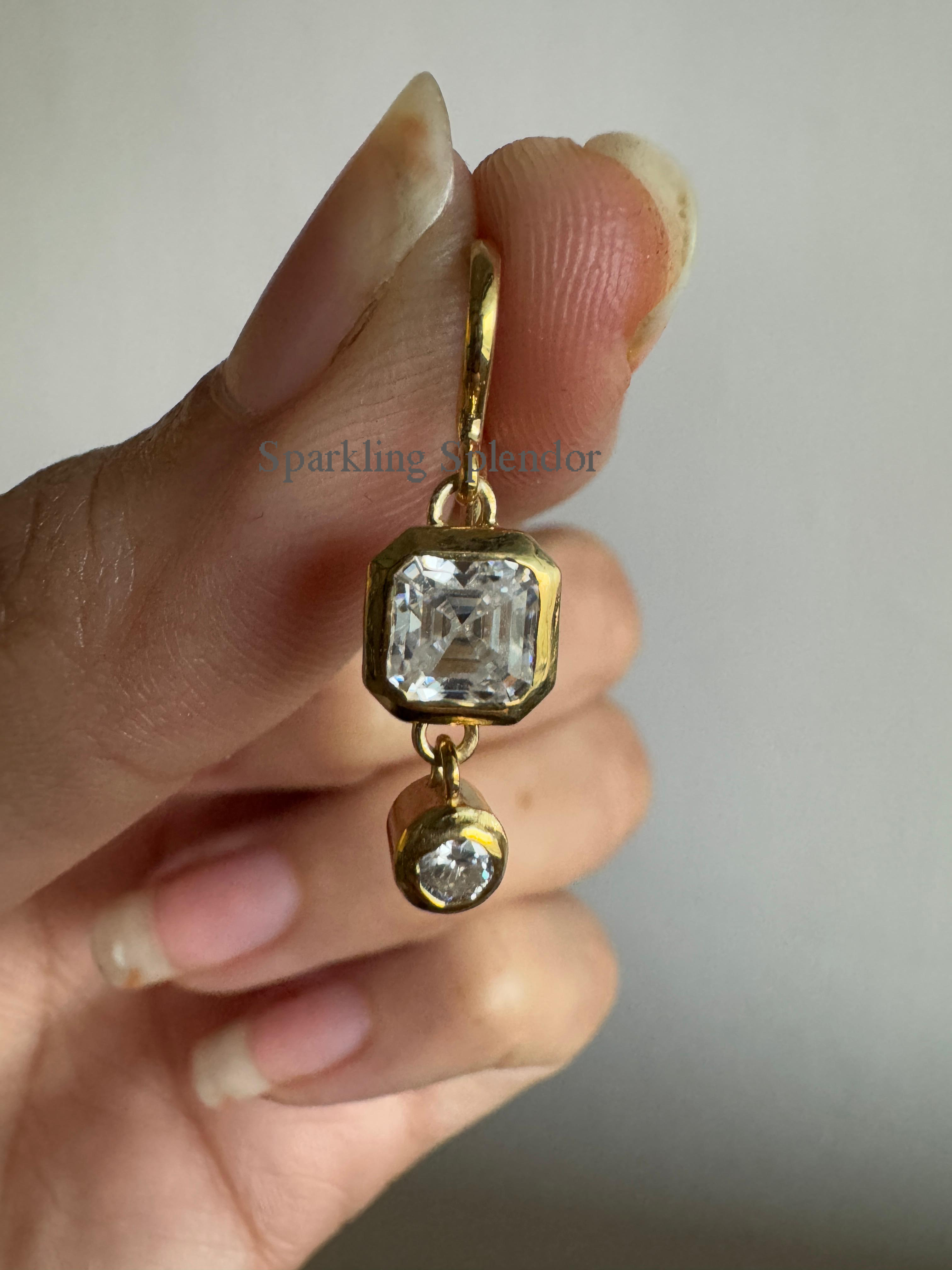 Bezel Set Asscher & Round Cut Moissanite Diamond Dangle Drop Earrings For Women's