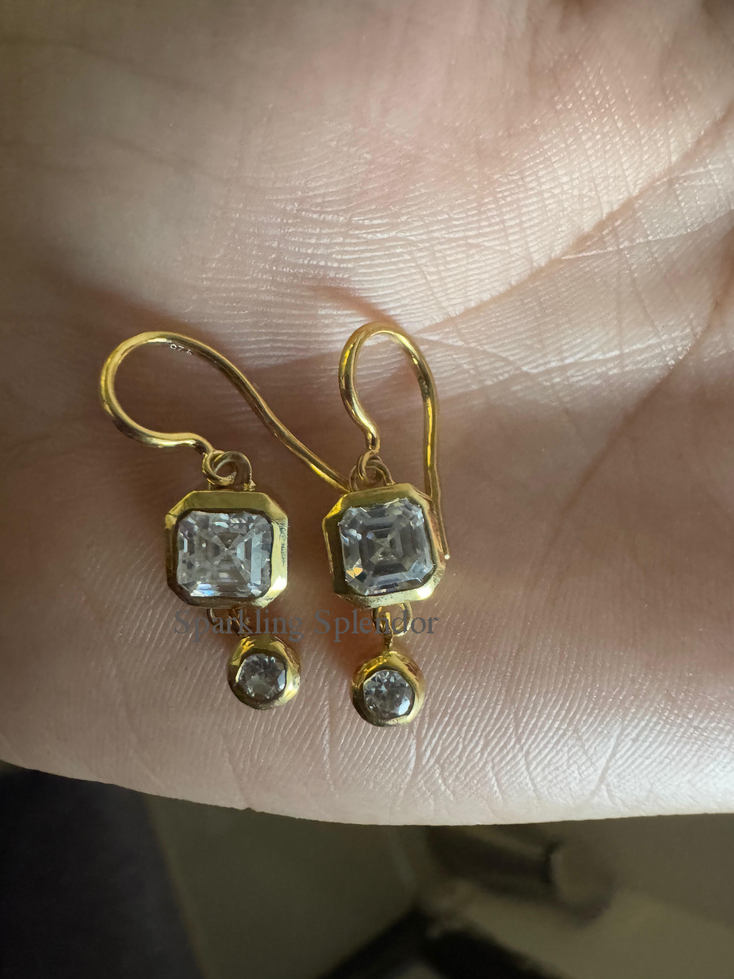 Bezel Set Asscher & Round Cut Moissanite Diamond Dangle Drop Earrings For Women's