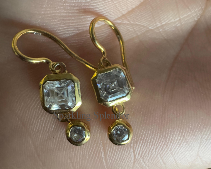 Bezel Set Asscher & Round Cut Moissanite Diamond Dangle Drop Earrings For Women's