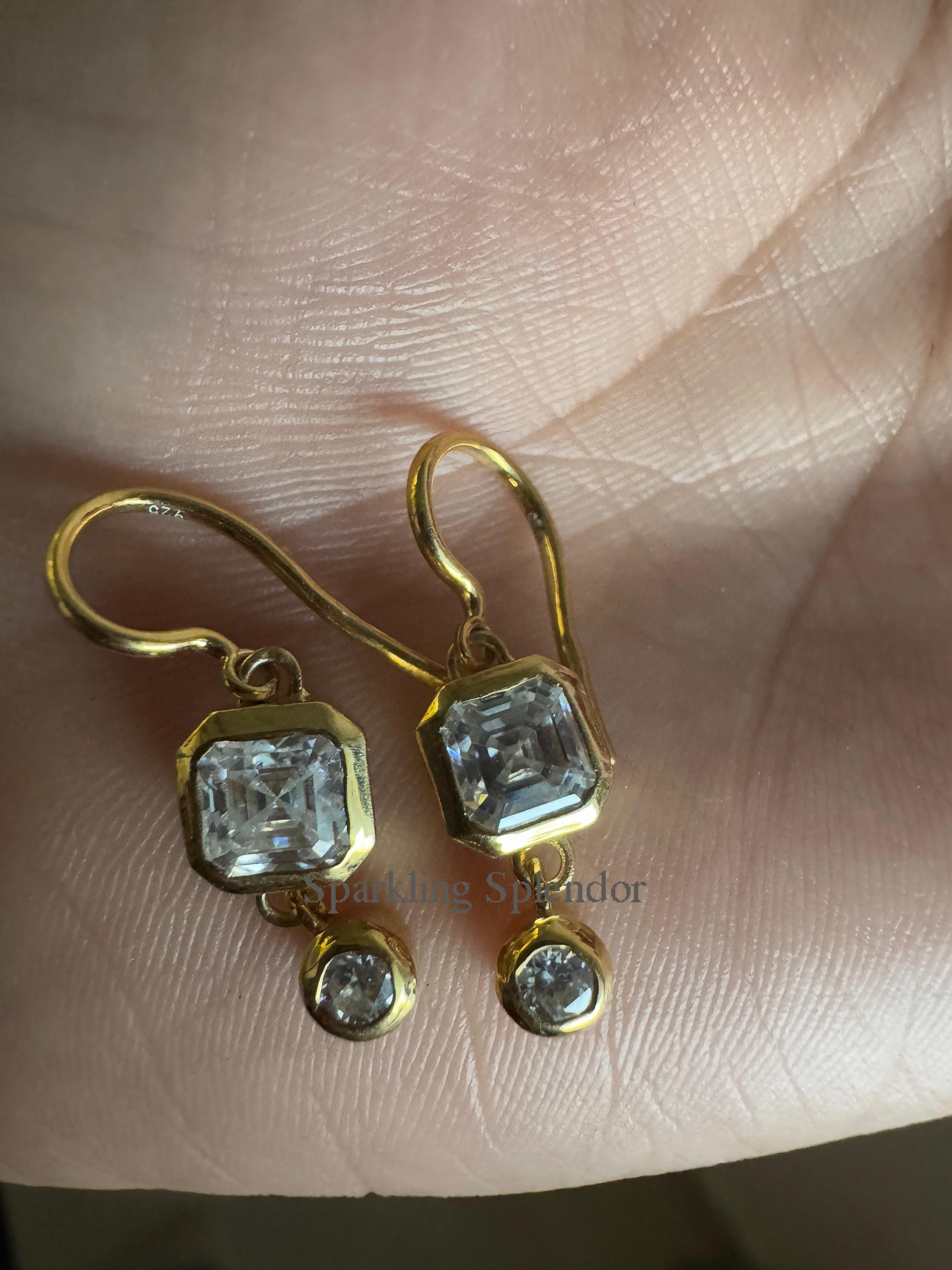 Bezel Set Asscher & Round Cut Moissanite Diamond Dangle Drop Earrings For Women's