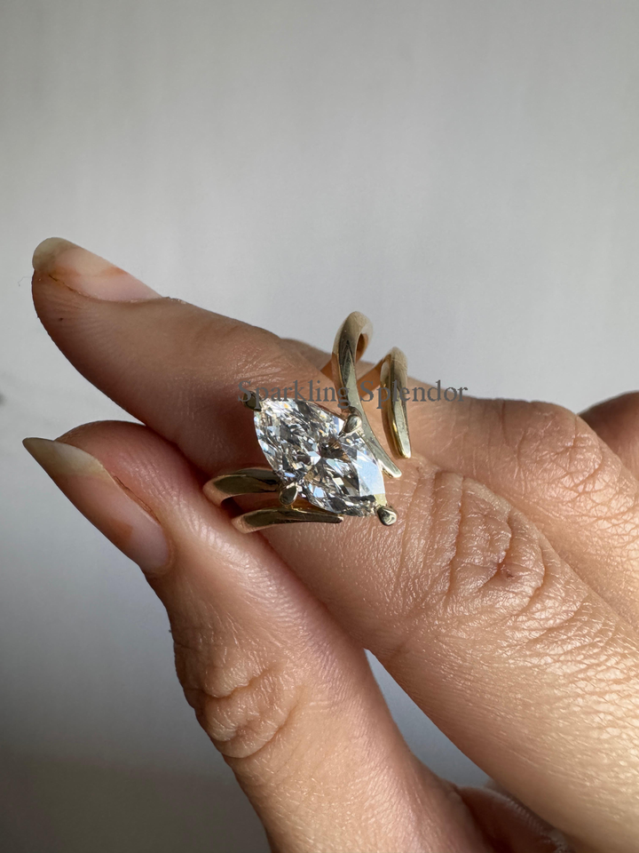 Marquise Cut Moissanite Solitaire Ring With Matching Open Band Wedding Ring Set