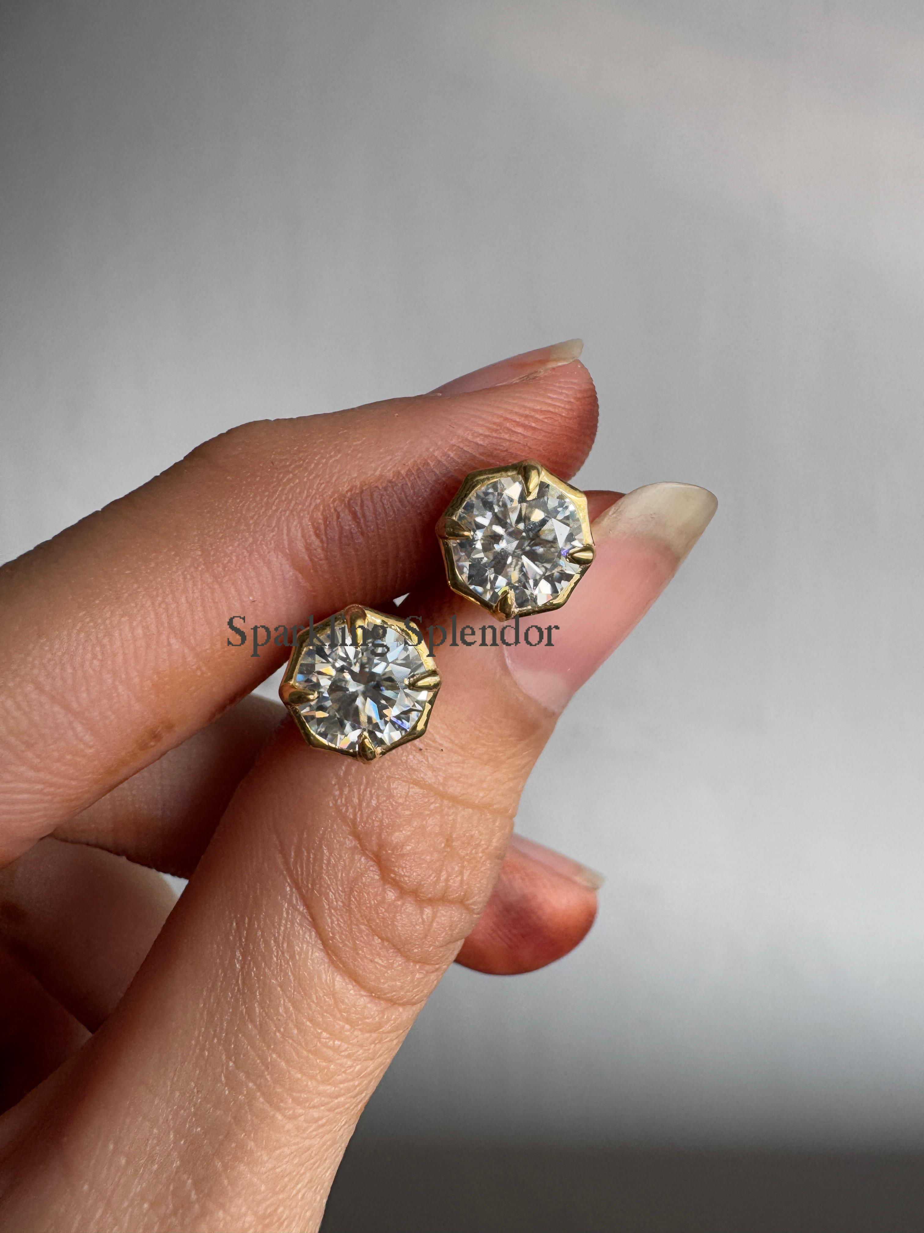 Round Brilliant Cut Bezel Set Earrings Moissanite Diamond Stud Earrings For Her