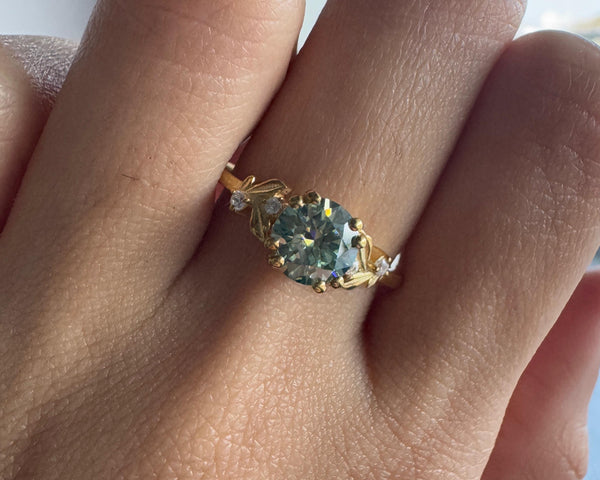 Green Round Moissanite Engagement Ring Gorgeous Flower Leaf Wedding Ring