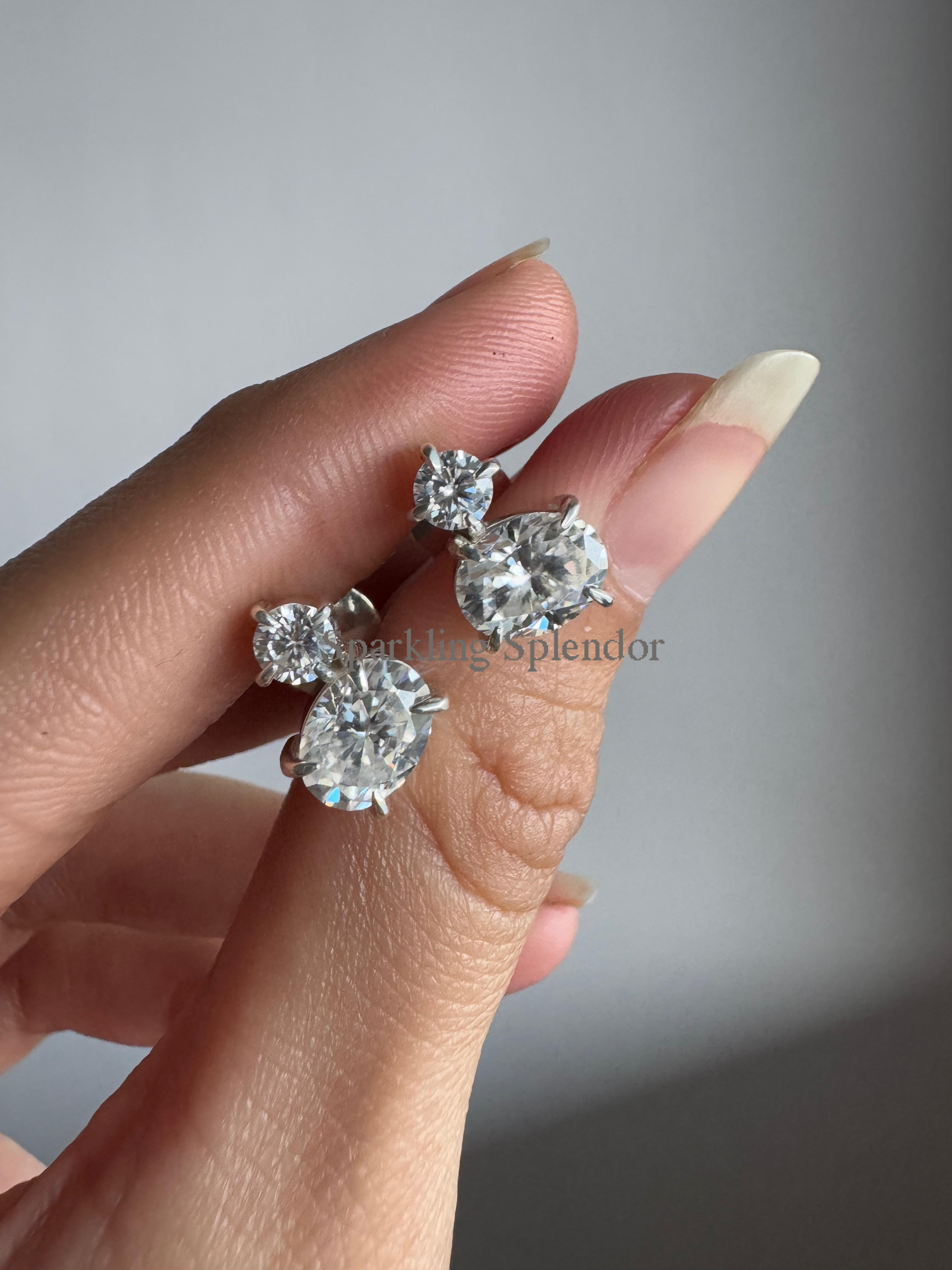 Oval & Round Cut Moissanite Diamond Studs White Gold Two Stone Earrings Her