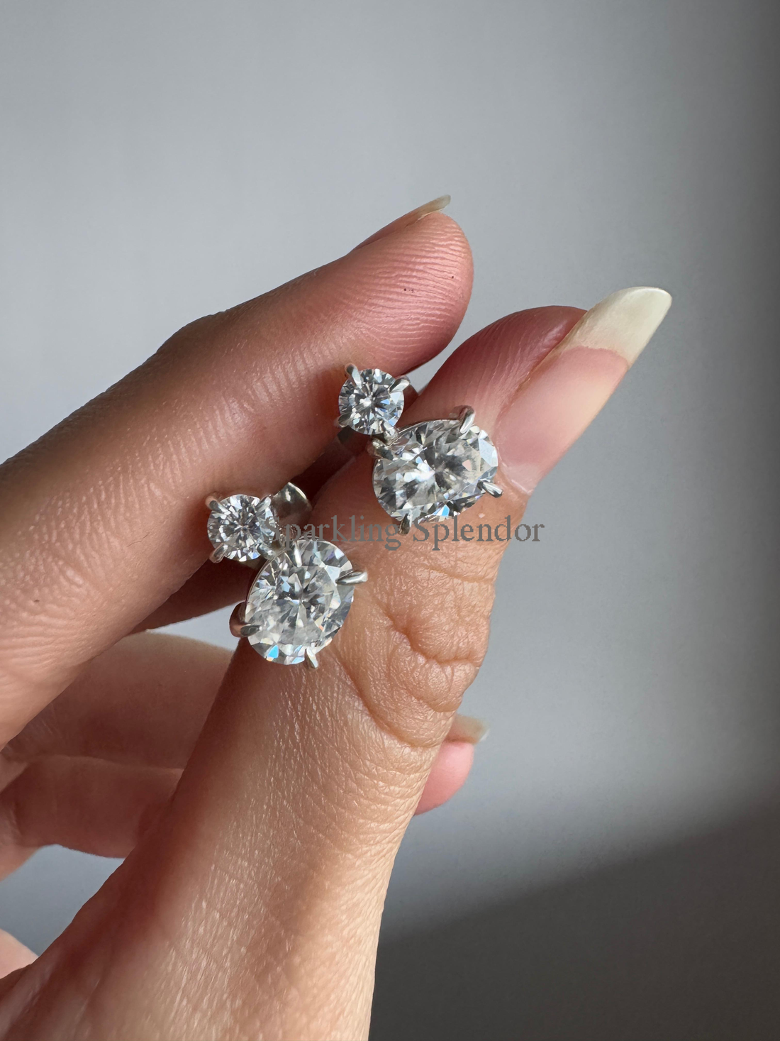 Oval & Round Cut Moissanite Diamond Studs White Gold Two Stone Earrings Her