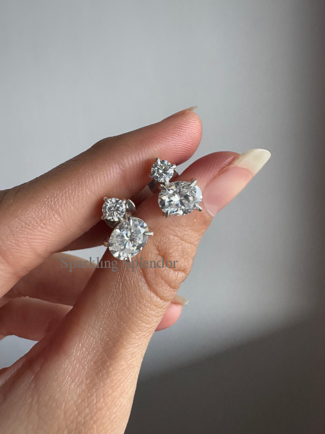 Oval & Round Cut Moissanite Diamond Studs White Gold Two Stone Earrings Her