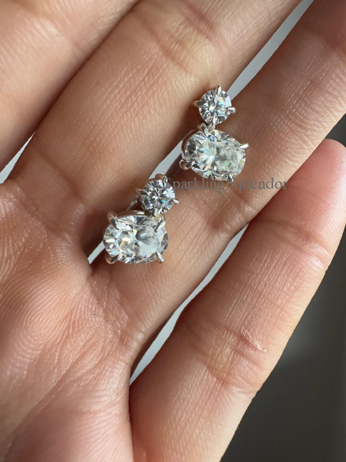 Oval & Round Cut Moissanite Diamond Studs White Gold Two Stone Earrings Her