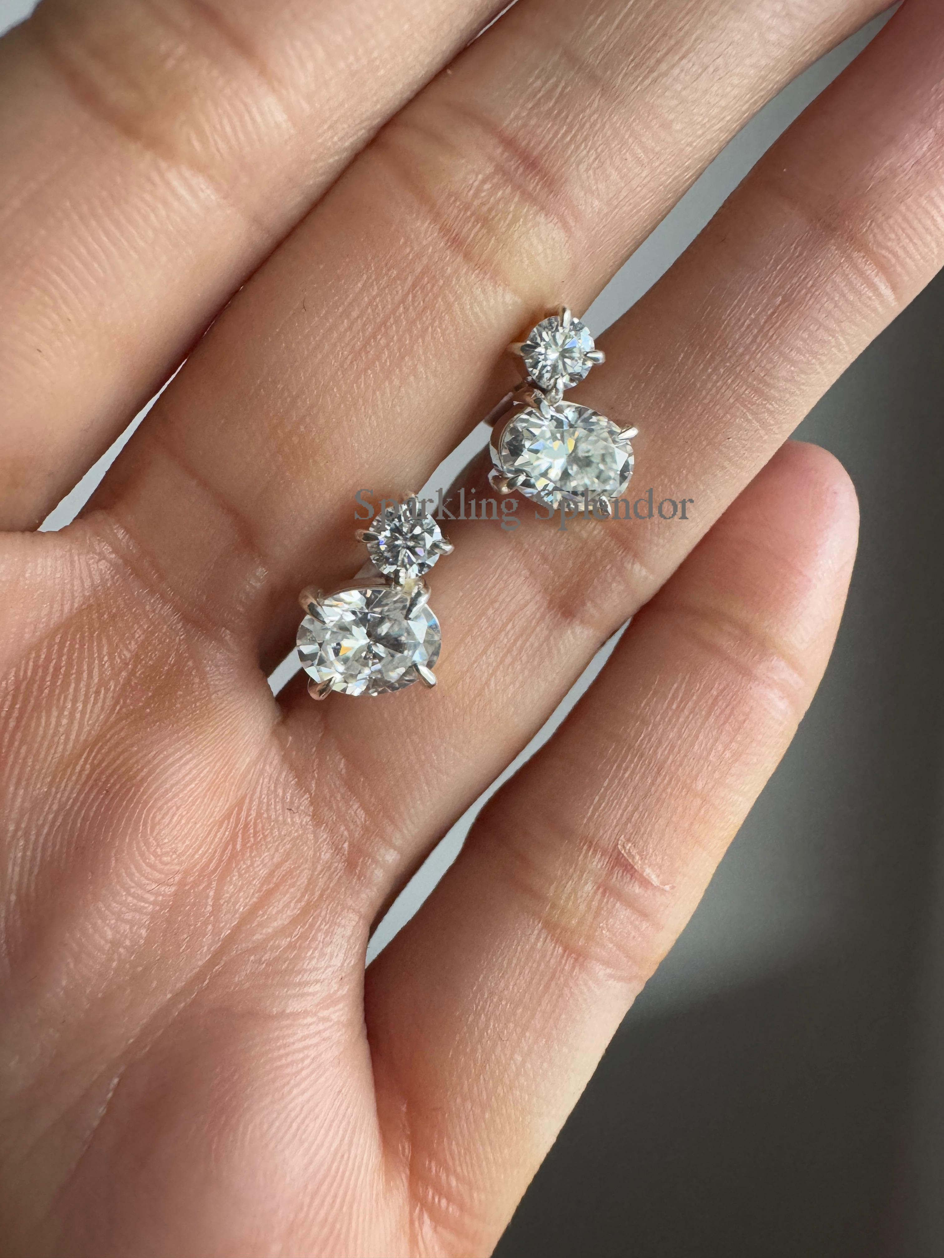 Oval & Round Cut Moissanite Diamond Studs White Gold Two Stone Earrings Her