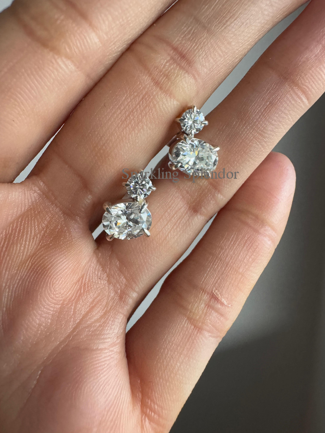 Oval & Round Cut Moissanite Diamond Studs White Gold Two Stone Earrings Her