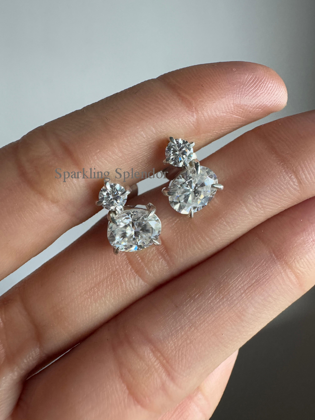 Oval & Round Cut Moissanite Diamond Studs White Gold Two Stone Earrings Her