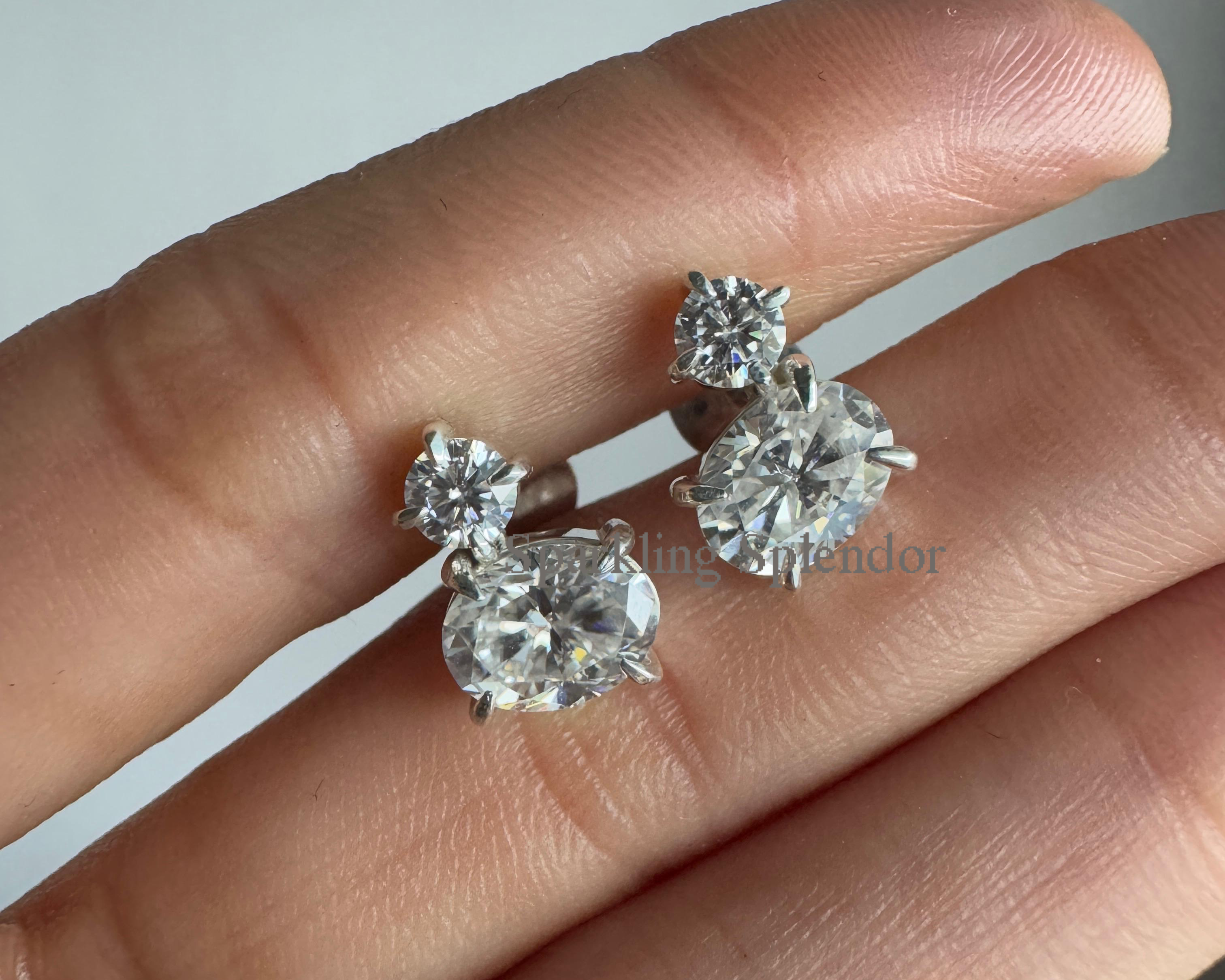 Oval & Round Cut Moissanite Diamond Studs White Gold Two Stone Earrings Her