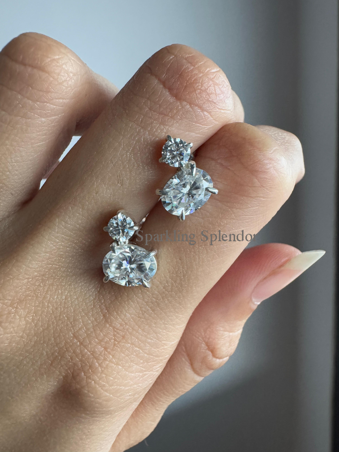 Oval & Round Cut Moissanite Diamond Studs White Gold Two Stone Earrings Her