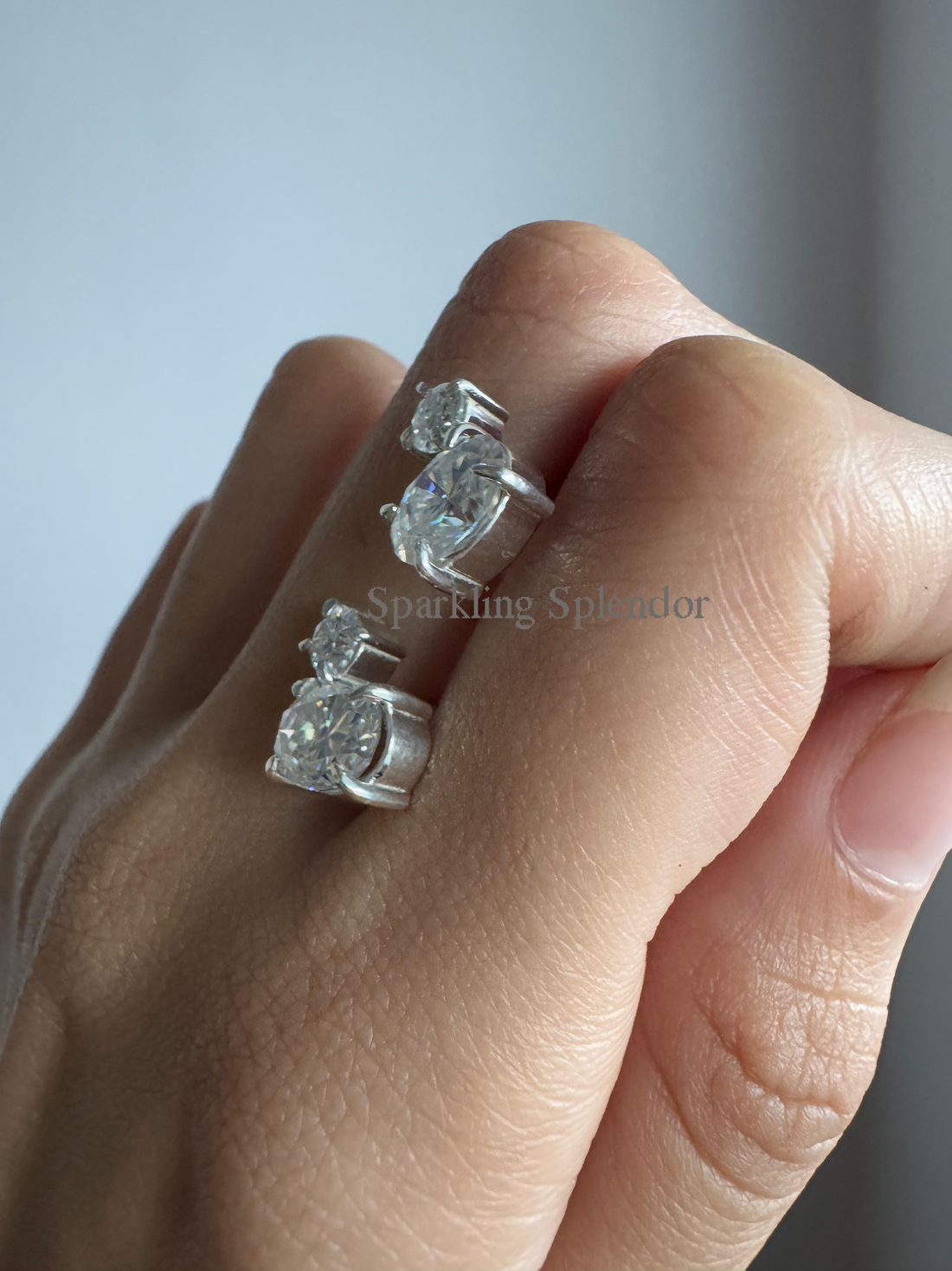 Oval & Round Cut Moissanite Diamond Studs White Gold Two Stone Earrings Her