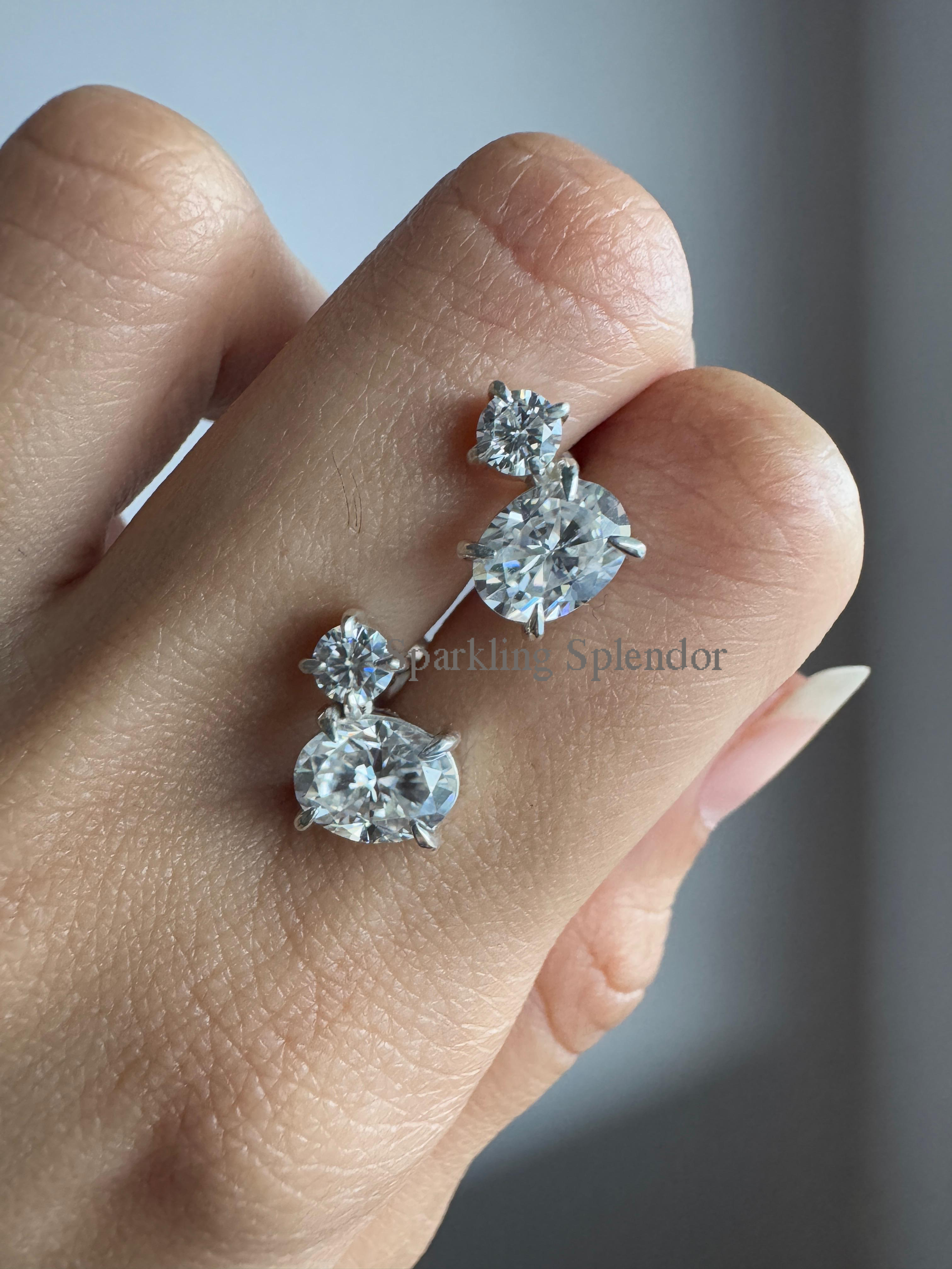 Oval & Round Cut Moissanite Diamond Studs White Gold Two Stone Earrings Her