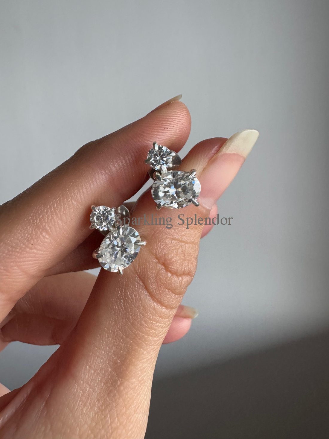 Oval & Round Cut Moissanite Diamond Studs White Gold Two Stone Earrings Her