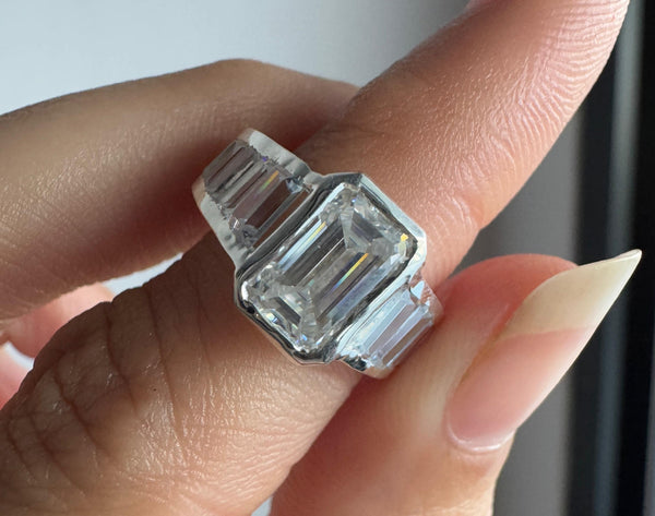Step Cut Emerald Moissanite Engagement Ring Classic Bezel Set Wedding Ring