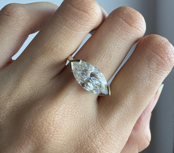 East West Marquise Cut Ring Half Bezel Set Solitaire Engagement Ring For Women