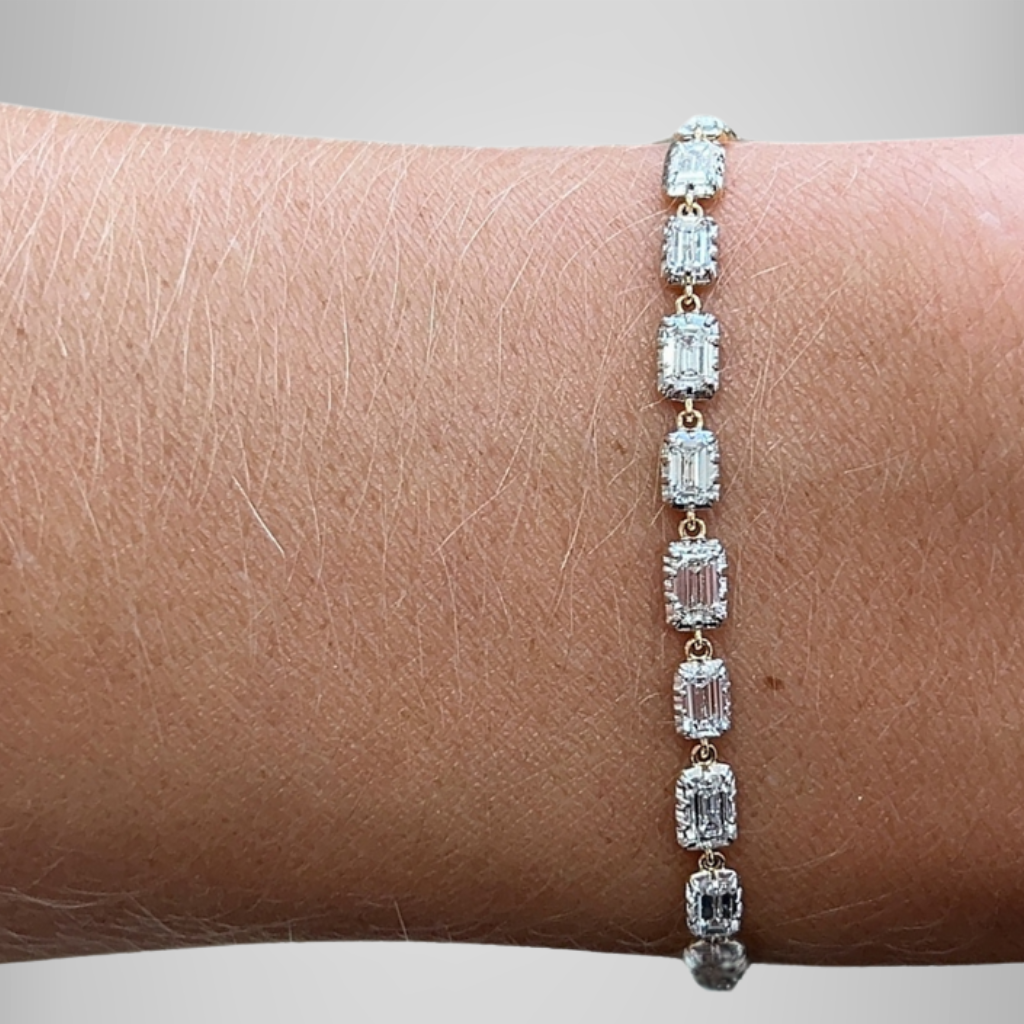 East West Colorless Emerald Cut Moissanite Edwardian Tennis Bracelet in Silver