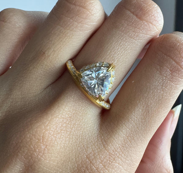 Art Deco Trillion Cut Halo Moissanite Ring Solid Gold Designer Engagement Ring Her