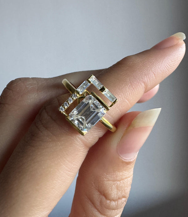 Unique Designer 2.0 CTW Emerald Cut Moissanite Engagement Ring in 18K Yellow Gold