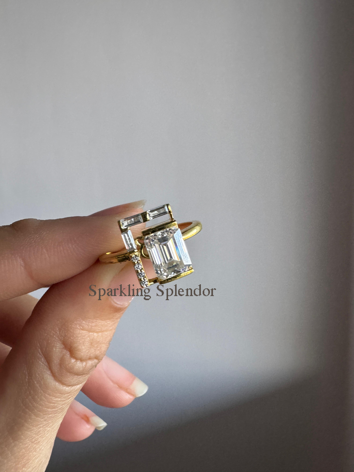 Unique Designer 2.0 CTW Emerald Cut Moissanite Engagement Ring in 18K Yellow Gold