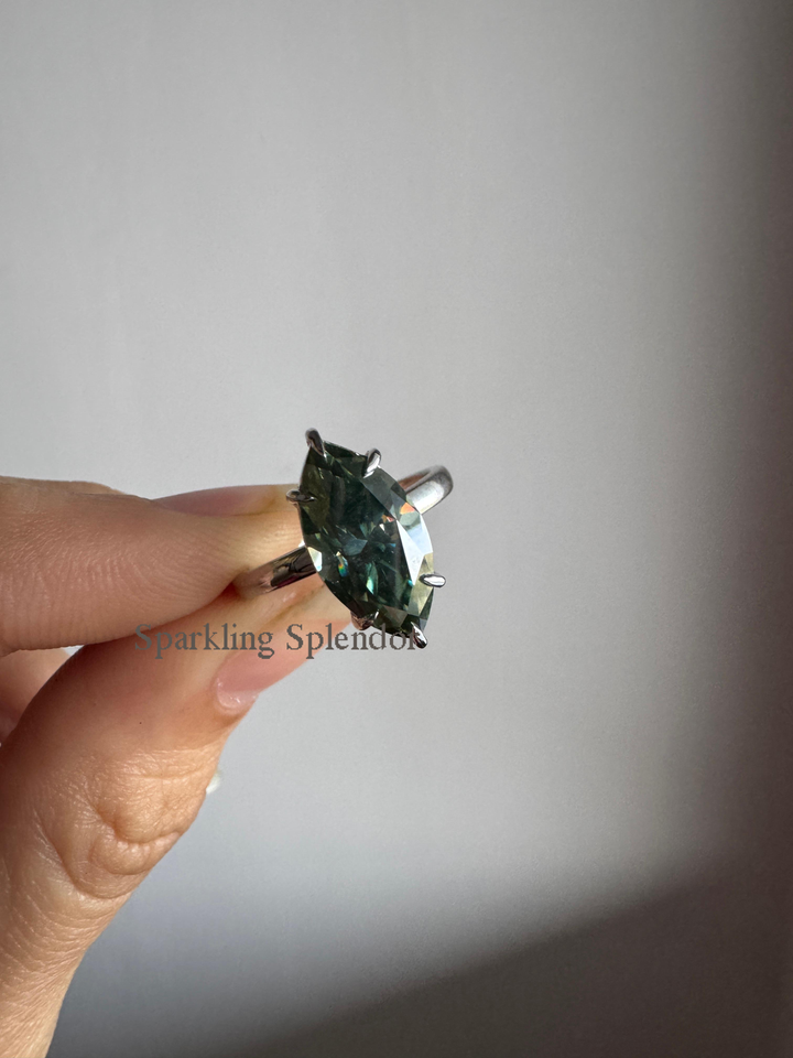 Dark Green 3 Carat Marquise Cut Solitaire Ring Real Moissanite Engagement Ring Her