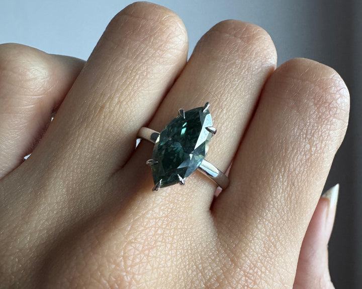 Dark Green 3 Carat Marquise Cut Solitaire Ring Real Moissanite Engagement Ring Her