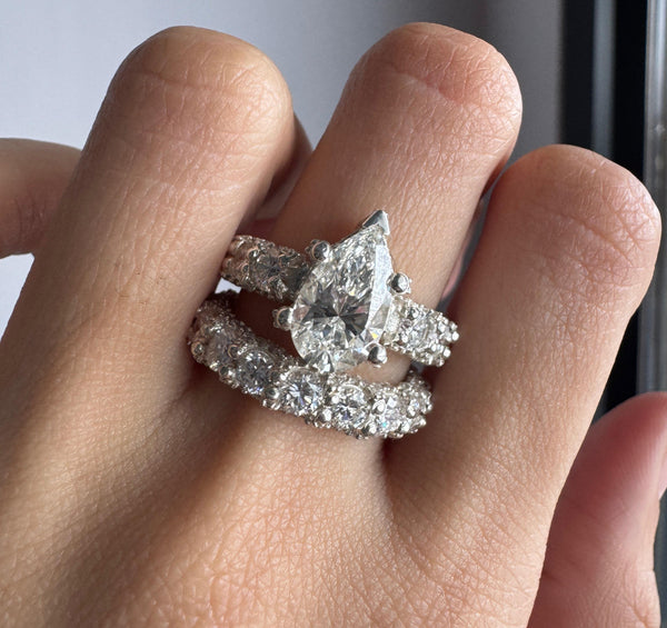 Hidden Halo Style Pear Cut Moissanite Ring With Matching Band Luxury Wedding Ring Set