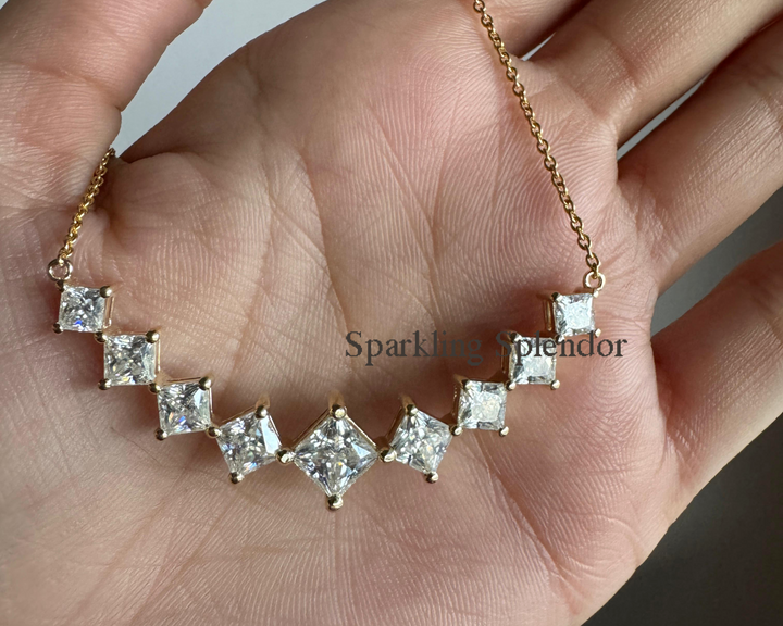 Princess Cut Moissanite Graduate Necklace in Solid Gold Anniversary Gift For Her