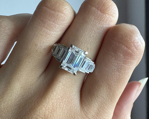 Emerald Cut Moissanite Solitaire With Baguette Accents Engagement Ring For Women