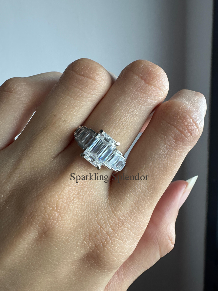 Emerald Cut Moissanite Solitaire With Baguette Accents Engagement Ring For Women