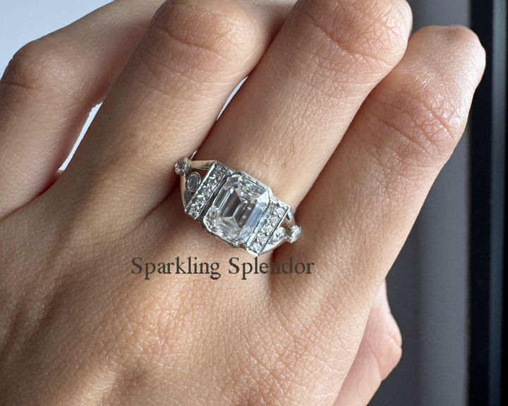 Emerald Cut Moissanite Engagement Ring Bezel Set Vintage Wedding Ring VVS1/D