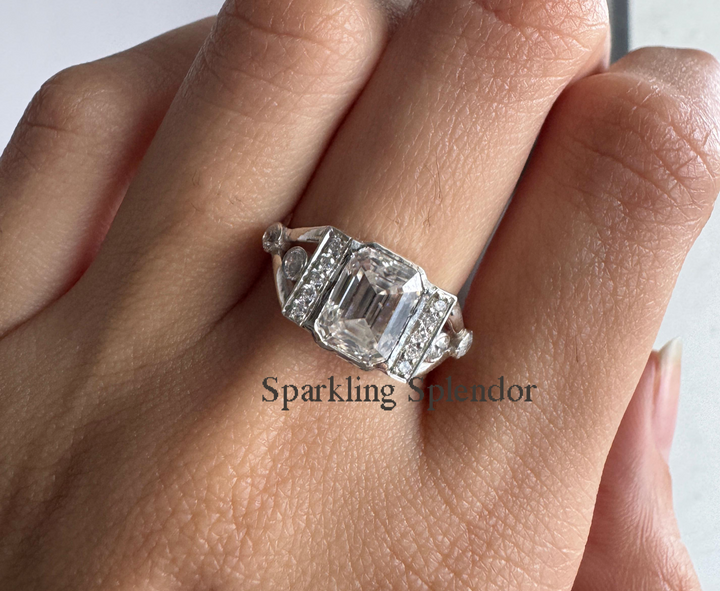 Emerald Cut Moissanite Engagement Ring Bezel Set Vintage Wedding Ring VVS1/D