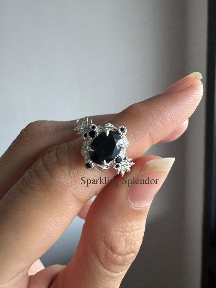 Vintage Art Deco Oval Cut Floral Engagement Ring Black Wedding Ring For Her