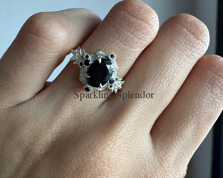 Vintage Art Deco Oval Cut Floral Engagement Ring Black Wedding Ring For Her