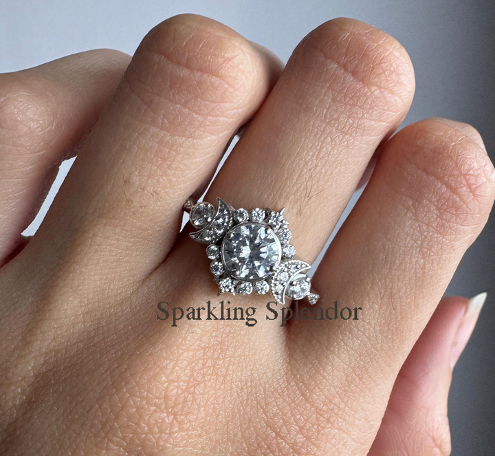 Round Cut Moissanite Engagement Ring Art Deco Vintage Inspire Wedding Her