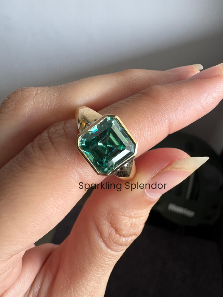 Solitaire Asscher Cut Engagement Ring Green Moissanite Wedding Ring For Her