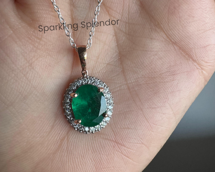 Halo Style Green Oval Cut CZ Diamond Two Tone Necklace Anniversary Gifts For Wife