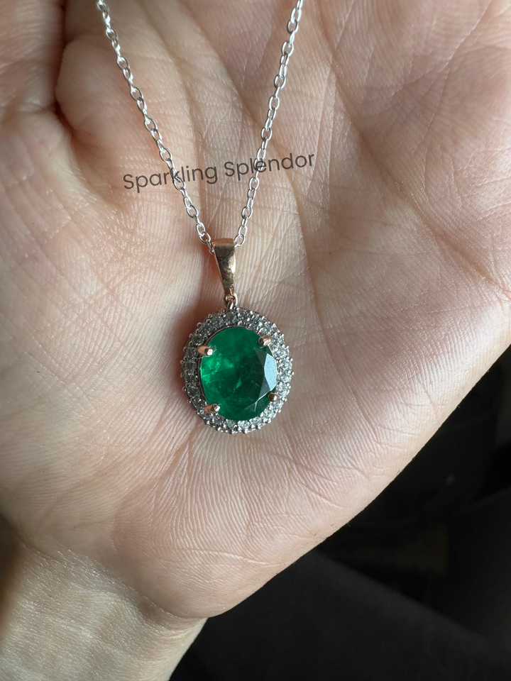 Halo Style Green Oval Cut CZ Diamond Two Tone Necklace Anniversary Gifts For Wife