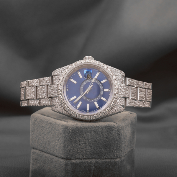 Hip Hop Luxury Iced out Stainless Steel Watch with VVS Moissanite Diamonds Blue Analog Dial and Glass Window watch for Men