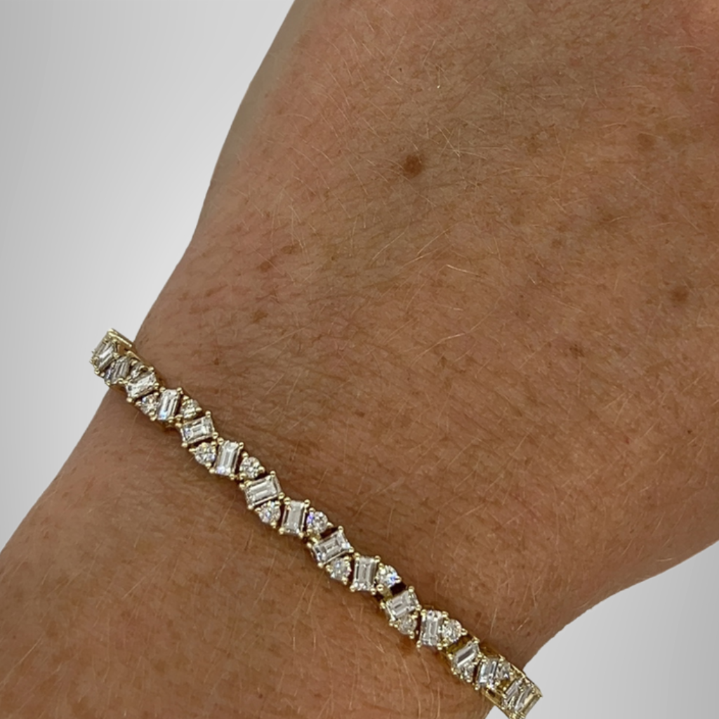 Colorless Baguette & Round Moissanite Cluster Tennis Bracelet in Yellow Gold Plated