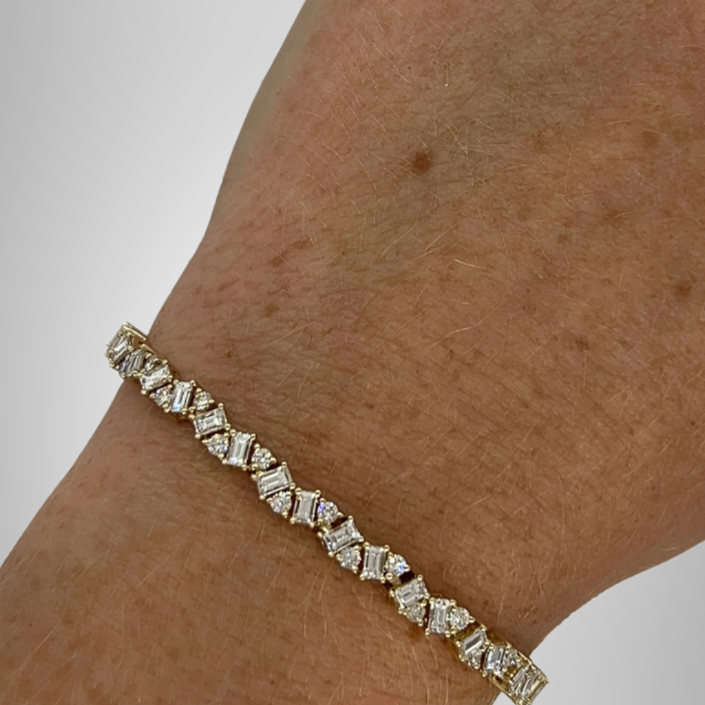 Colorless Baguette & Round Moissanite Cluster Tennis Bracelet in Yellow Gold Plated