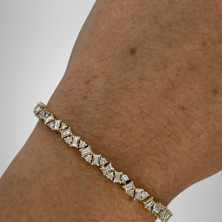 Colorless Baguette & Round Moissanite Cluster Tennis Bracelet in Yellow Gold Plated