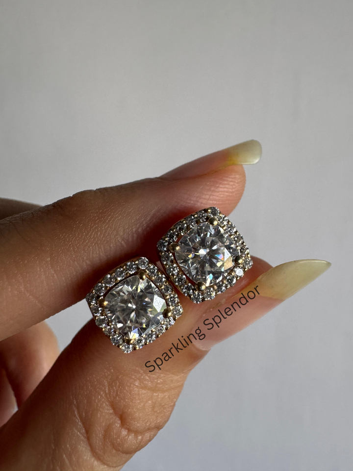 Cushion Cut Moissanite Diamond Earrings Halo Style Stud Earrings For Women's