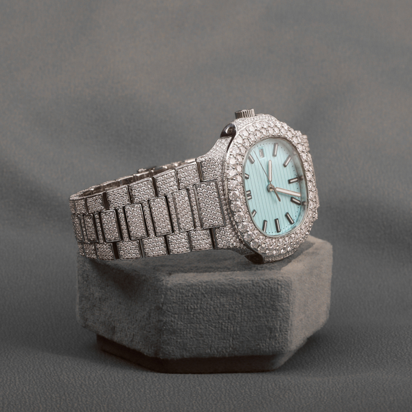 Premium Stunning Light Blue Tone Fancy Dial Fully Iced Out Round VVS Moissanite diamond Watch for Man