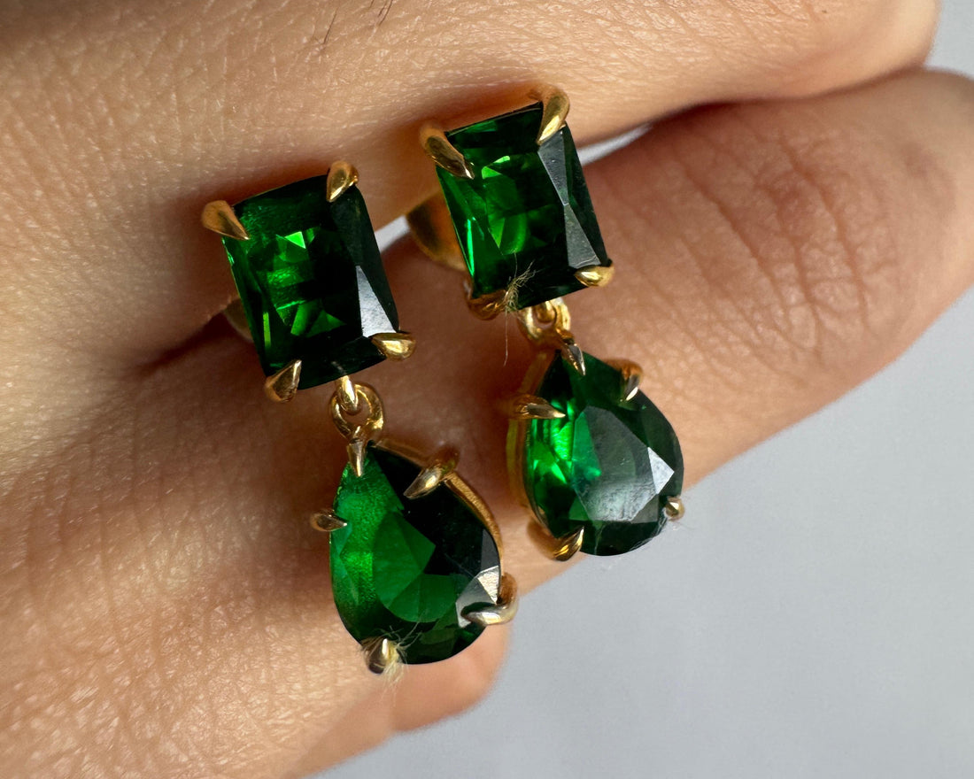 Emerald & Pear Cut Dark Green CZ Diamond  Dangle Drop Earrings For Women's