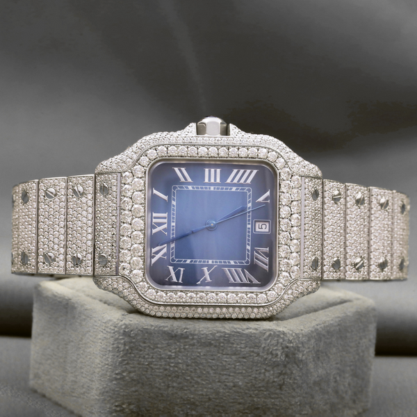 Stunning Blue Fancy Dial Full Iced Out VVS1 Moissanite diamond square Watch With Classic and Roman Numerals Features Diamond Watch for Men