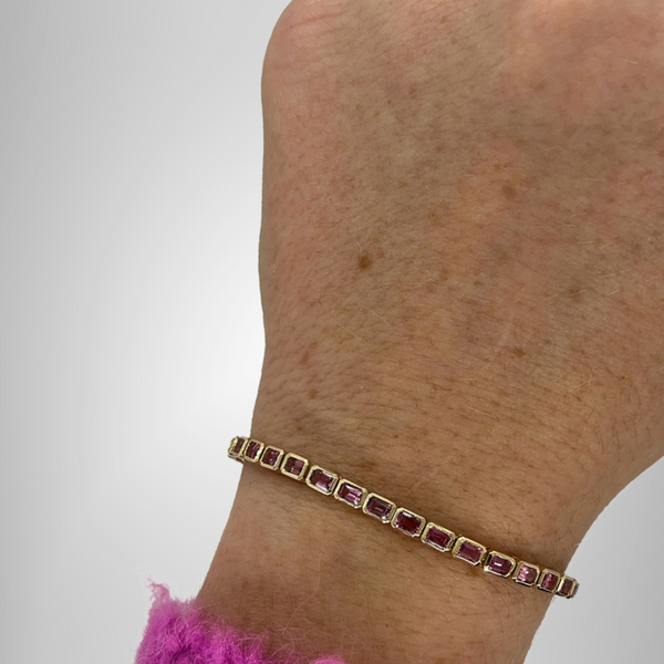 Pink Gemstone Emerald Cut CZ Diamond Tennis Bracelet Anniversary Gift For Wife